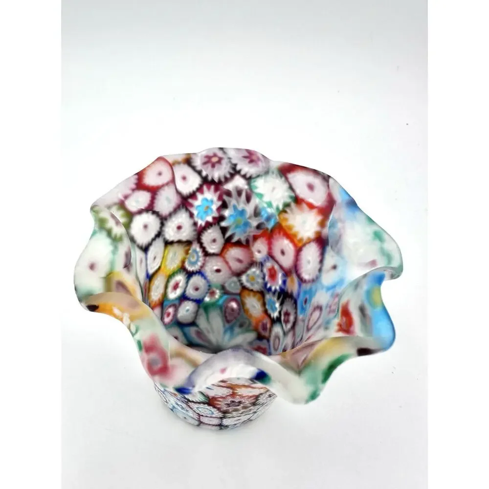 Murano Millefiori Ruffled 3” Vase Holder & Shell Like Dish Fratelli Toso ITALY